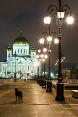High street lanterns against Temple of Christ Savior