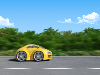 Yellow sportcar on the road (3D render of funny sportcar)