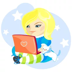 Poster illustratie van een schattig meisje en haar kat met de laptop © Alena Kozlova