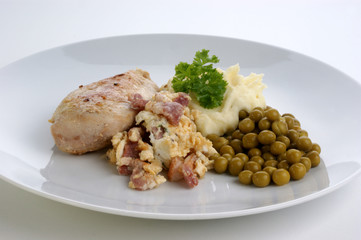 grilled chicken with mashed potato and organic pea