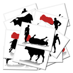 Collection of illustrations with a bullfighter in action, spain