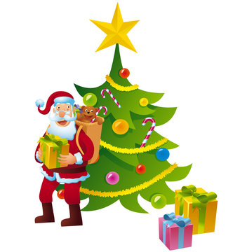 Santa Claus with gifts and christmas tree