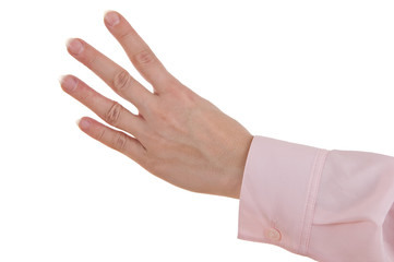 Frauenhand zeigt Handzeichen Zahl Vier