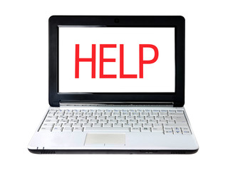 Modern laptop with Help text on screen isolated on white