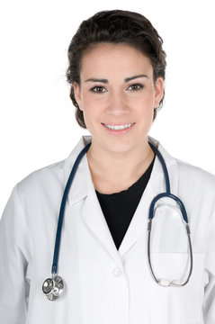 Young female doctor, wearing lab coat and stethoscope, isolated