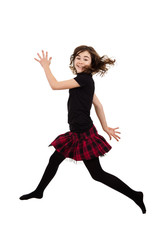 Girl jumping, running isolated on white background