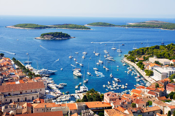 Nice view of port on Hvar island in Croatia - obrazy, fototapety, plakaty