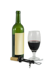 Bottle with wine, glass and cork