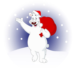 Polar bear walking in the snow dressed as Santa