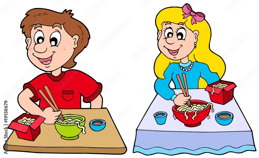 Wall mural boy and girl eating chinese food