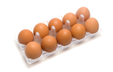 Box with ten eggs isolated over white