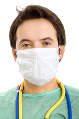 Young male doctor portrait with a stethoscope, isolated on white