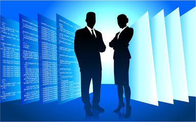 businessman and businesswoman on blue internet background