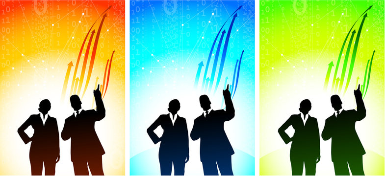 businessman and businesswoman on binary code background set