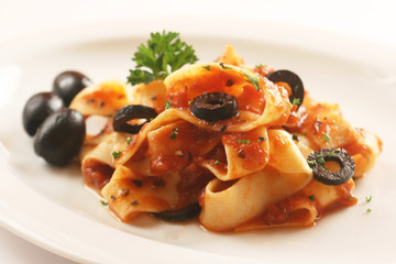 Tagliatelle with Tomato Sauce and Black Olives