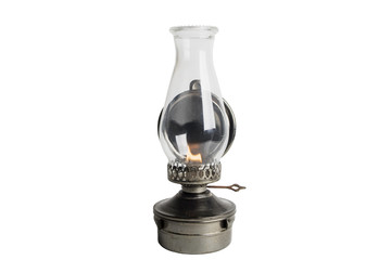 Lit Antique oil lamp isolated on white