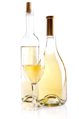 wine bottles and glass over white background