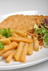 breaded fish steak with organic herbs on a plate