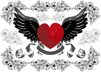 Illustration of heart with wings and background