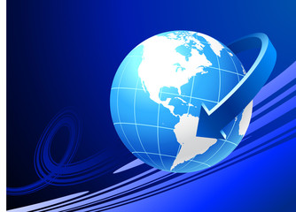 Globe on blue background with arrow