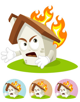 House Cartoon Mascot - on fire