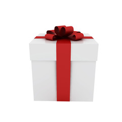 Beautiful white gift box with red ribbon isolated on white