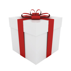 Beautiful white gift box with red ribbon isolated on white