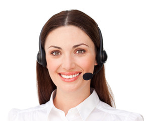 Confident businesswoman with headset on
