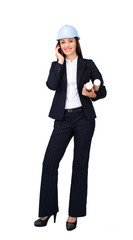 Caucasian young architect holding blueprints on phone