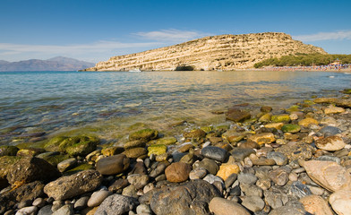 famous Matala beach from wide angle beach perspecitve