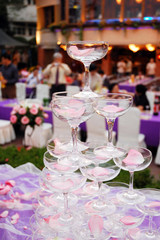 champagne tower of weddings with rose petals