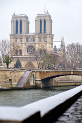 Fototapeta na wymiar Notre Dame de Paris śnieg i doki