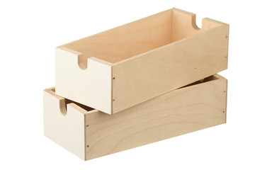 Two small wooden boxes on a white background