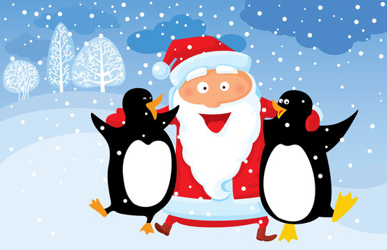 Santa with penguin, vector illustration