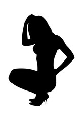 Silhouette woman  on high heels sits topless in profile