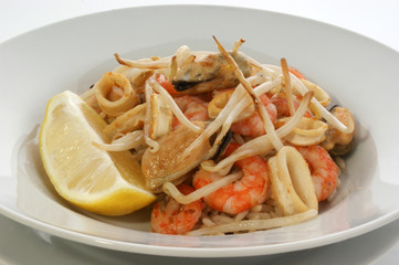 organic rice with grilled prawn and onion