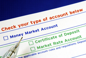 Select your bank account in the deposit slip isolated on blue