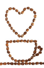 Coffee cup with heart made of beans isolated on white