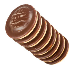 Some chocolate cookies isolated on a white background.