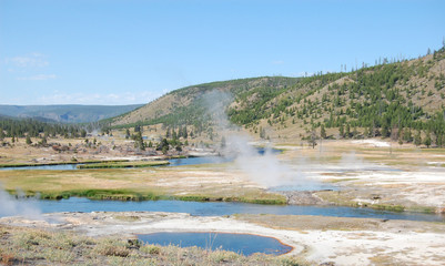 Yellowstone landscape with undulating river and hot springs