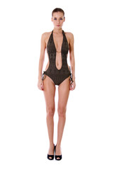 young woman in bikini, isolated on white background