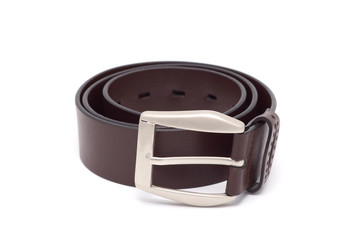 Leather belt with a metal buckle.