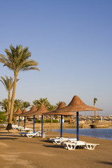 Beach on a sunny day. Hurghada city in Egypt.