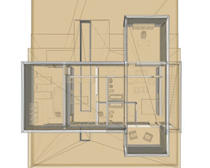 3D rendering wire-frame of building. view from above - site plan