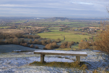 A frosty bench at the top of Crickley Hill