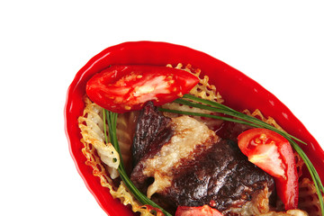 beef meat on red bowl