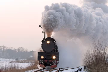 Wanddecoratie Trein Retro steam train starting from the station during wintertime  © remik44992