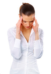 Young woman suffering a headache over white background.