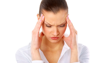 Young woman suffering a headache over white background.