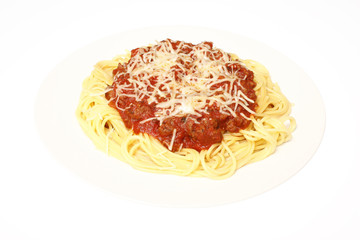 A plate of spaghetti with meat sauce.
